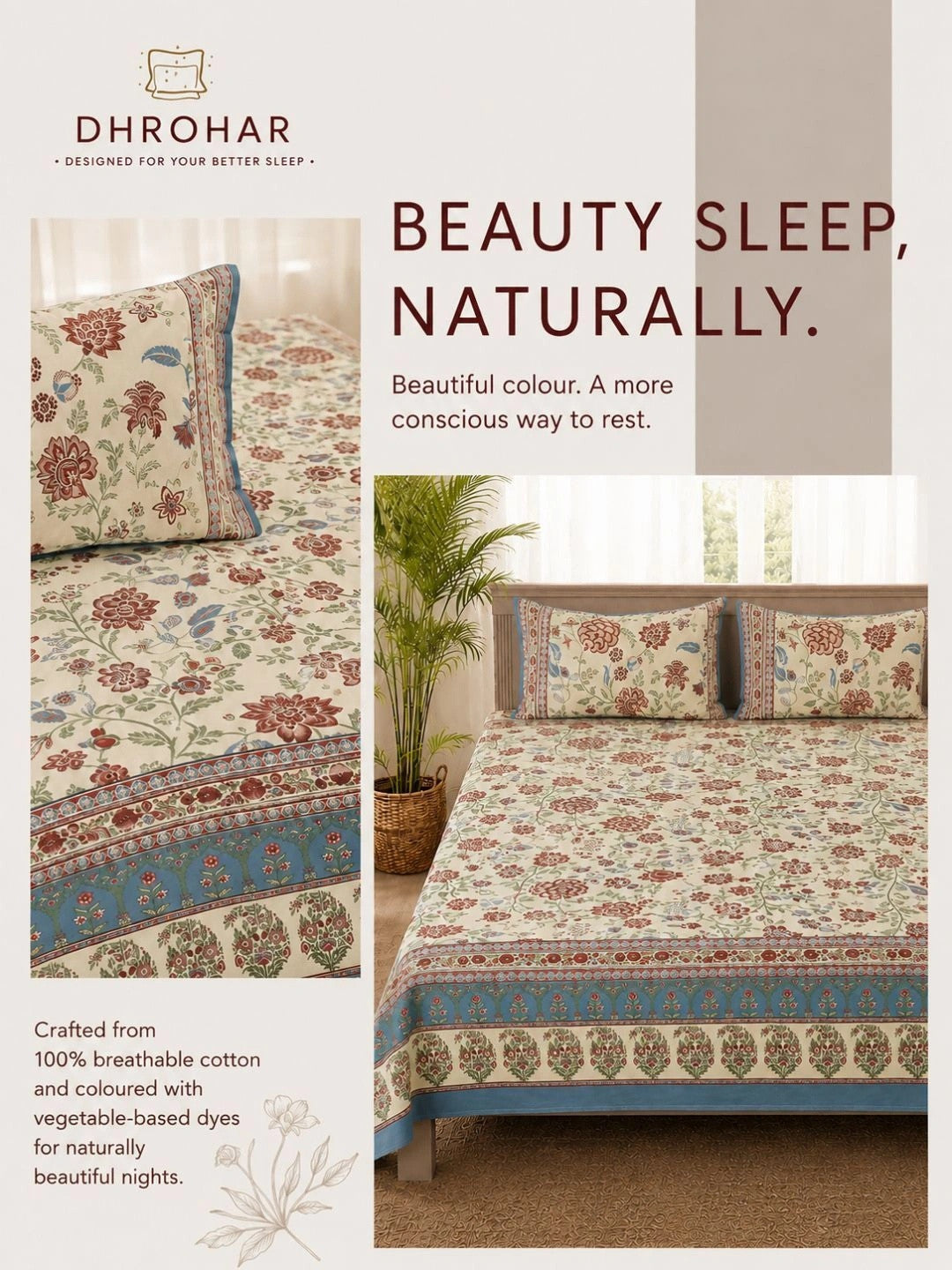 Cream-coloured & red floral king bedsheet